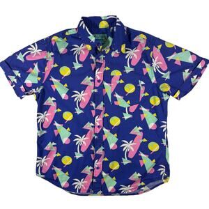Joe Marlin Tapered Fit Button Down Shirt Men's Large Blue Surf Geometric Design